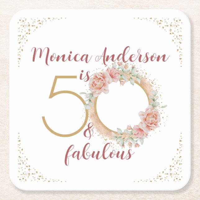50 and Fabulous 50th Birthday Party Glitter Name Square Paper Coaster (Front)