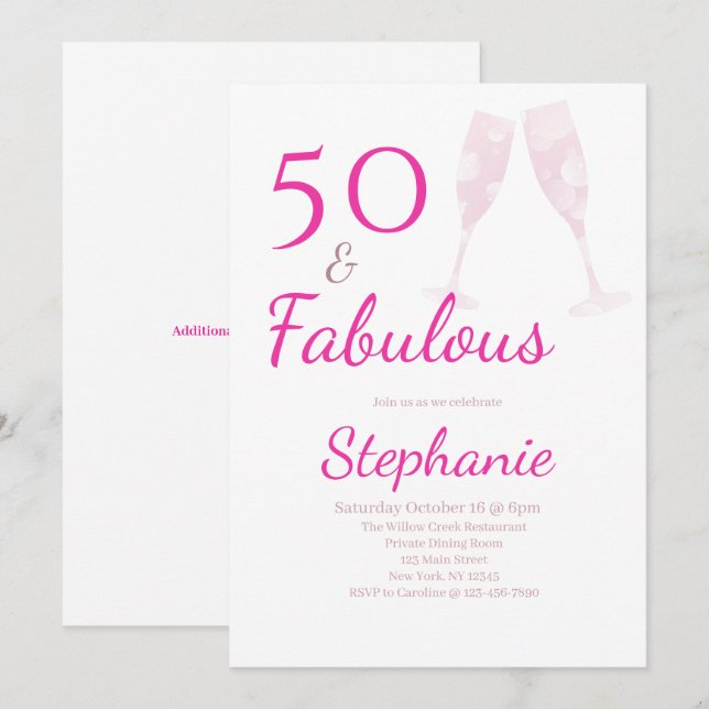 50 and Fabulous | 50th Birthday Party Pink Invitation (Front/Back)