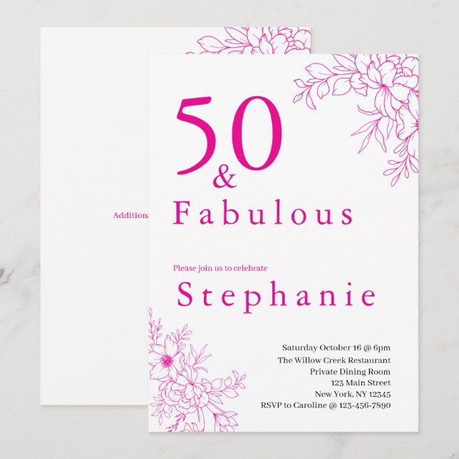 50 and Fabulous | 50th Birthday Party Pink Invitation (Front/Back)