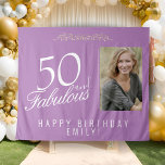 50 and Fabulous 50th Birthday Photo Backdrop Tapestry<br><div class="desc">Elegant Purple 50 and Fabulous 50th Birthday Photo Backdrop Tapestry. 50 and fabulous text in trendy golden script on a purple background. Personalize it with your photo,  your name and the age,  and make your own elegant birthday party backdrop for woman`s birthday party.</div>