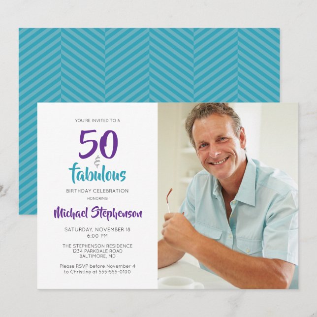 50 and Fabulous 50th Birthday Photo | Turquoise Invitation (Front/Back)