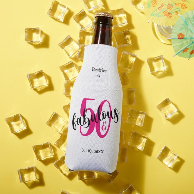 50 and Fabulous 50th Birthday Pink Bottle Bottle Cooler (Creator Uploaded)