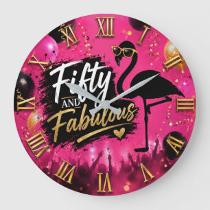 50 and fabulous, 50th birthday pink flamingo large clock