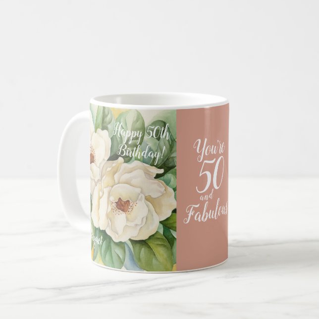 50 And Fabulous 50th Birthday Rose Gold Floral Coffee Mug (Front Left)