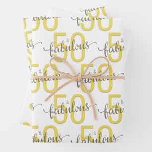 50 and Fabulous 50th Birthday Yellow Grey Wrapping Paper Sheet
