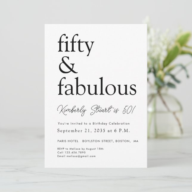 50 and Fabulous 50th Modern Minimal Fifty Birthday Invitation (Standing Front)