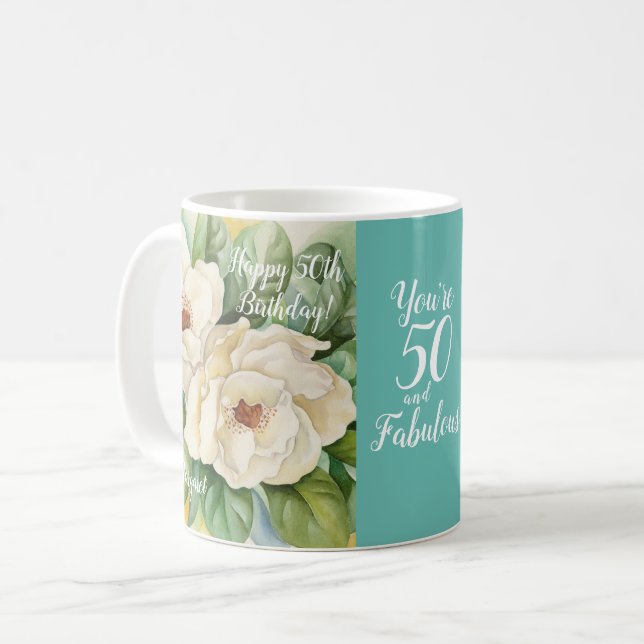 50 And Fabulous 50th Teal Birthday Floral Name Coffee Mug (Front Left)