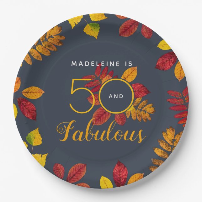 50 And Fabulous Autumn Leaves Birthday Paper Plate (Front)