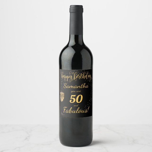 50 and Fabulous Birthday Black and Gold Wine Label (Front)