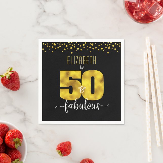 50 and fabulous birthday black gold foil confetti napkin (Insitu)