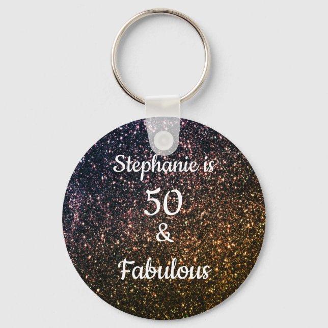 50 And Fabulous Birthday Black Gold Glitter Ombre Keychain (Front)