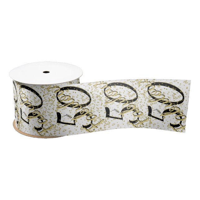 50 and Fabulous Birthday Black/Gold Script Pattern Satin Ribbon (Spool)