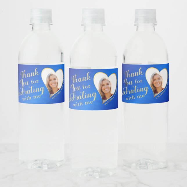 50 and Fabulous Birthday Blue and Gold Thank You Water Bottle Label (Bottles)
