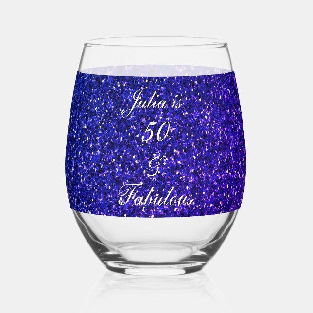50 And Fabulous Birthday Blue Glitter Gift Favour Stemless Wine Glass (Front)
