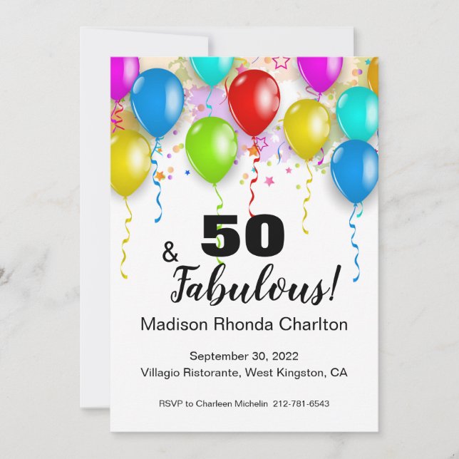 50 and Fabulous Birthday Bright Balloon Invitation (Front)