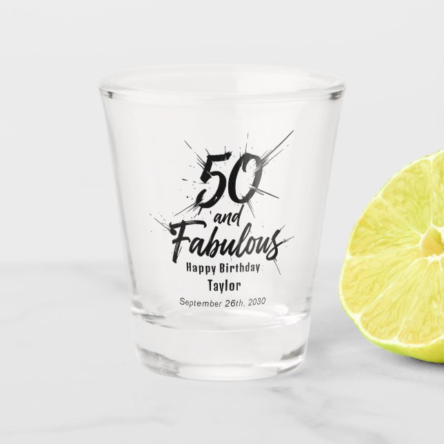 50 and Fabulous Birthday Bursting Modern Shot Glass (Front)