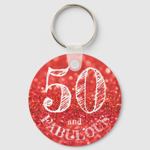 50 and Fabulous Birthday Coral Glitter Sparkle Keychain