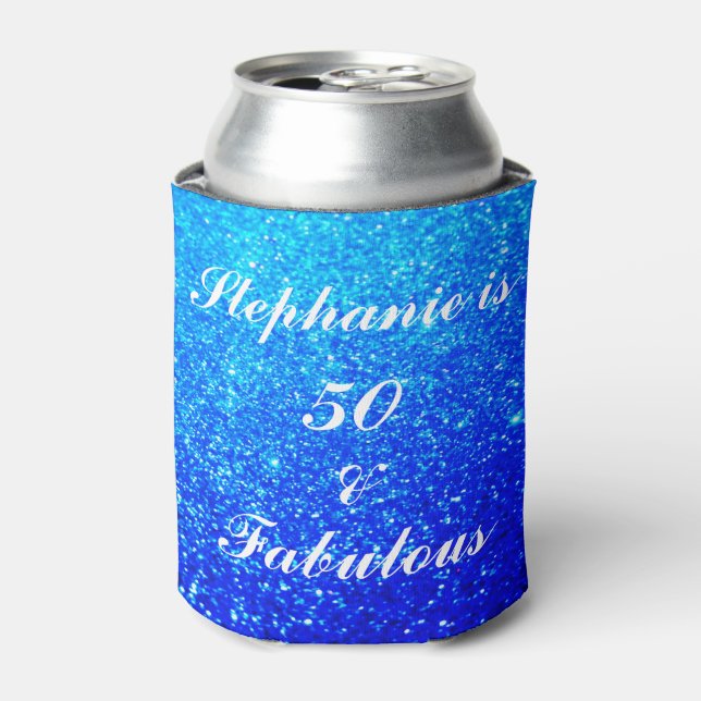 50 And Fabulous Birthday Deep Blue Glitter Sparkly Can Cooler (Can Front)