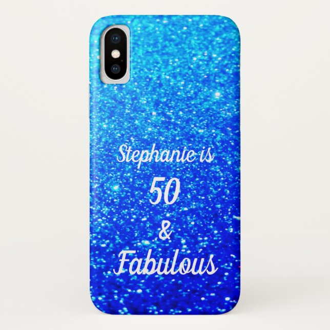 50 And Fabulous Birthday Deep Blue Ombre Glittery Case-Mate iPhone Case (Back)