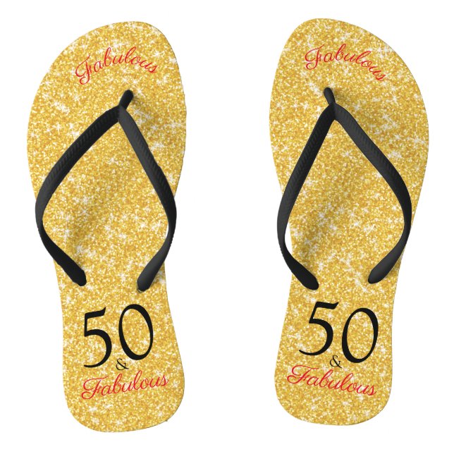 50 And Fabulous Birthday Elegant Gold Glitter Flip Flops (Footbed)