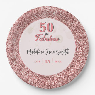 50 and Fabulous Birthday Elegant Rose Pink Glitter Paper Plate