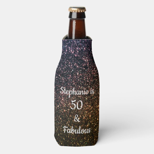 50 And Fabulous Birthday Gold Black Glitter Cool Bottle Cooler (Bottle Front)