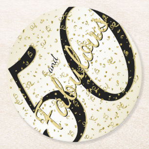 50 and Fabulous birthday Party black/Gold Round Paper Coaster
