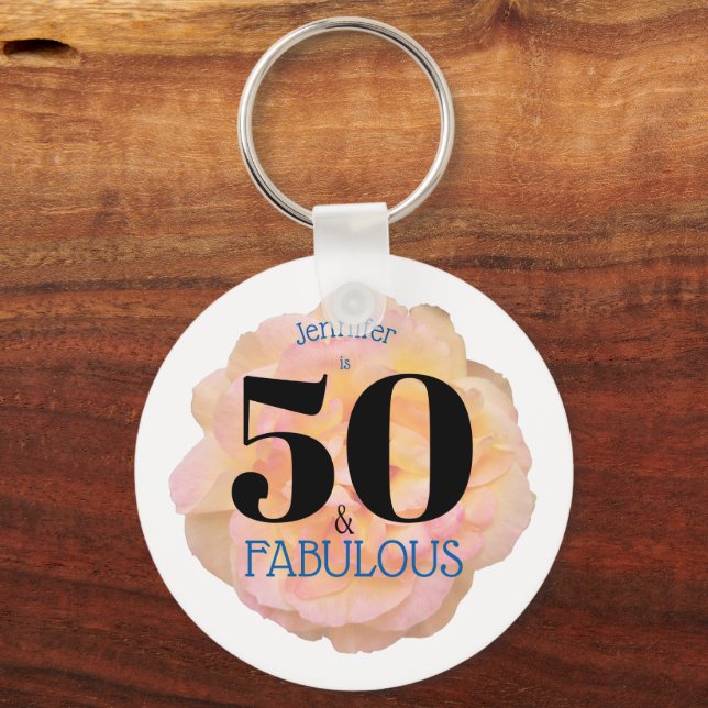 50 and Fabulous Birthday Party Pale Peach Rose Keychain (Front)