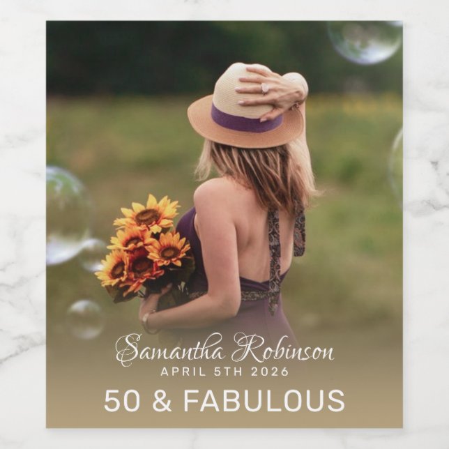50 and fabulous birthday party photo monogram name wine label (Single Label)
