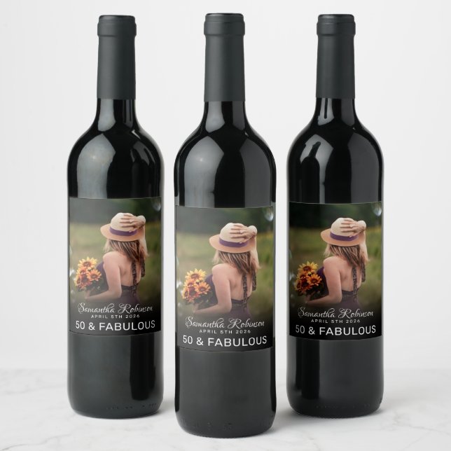 50 and fabulous birthday party photo monogram name wine label (Bottles)