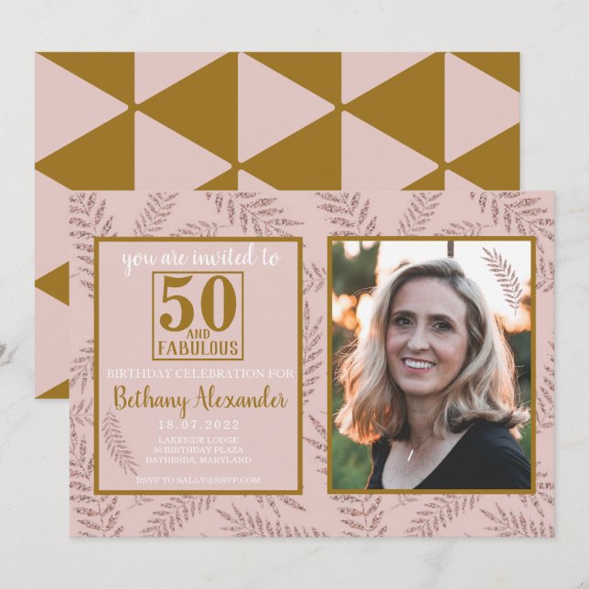 50 and fabulous birthday pink gold botanical invitation (Front/Back)