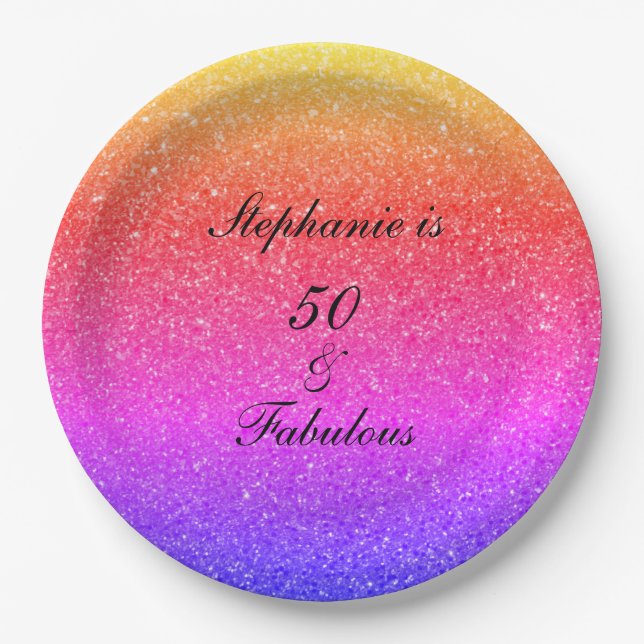 50 And Fabulous Birthday Pink Purple Black Glitter Paper Plate (Front)
