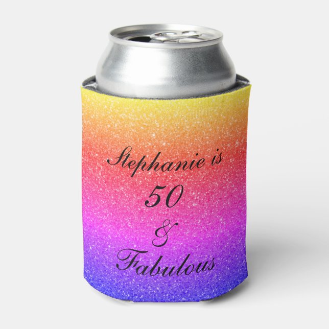 50 And Fabulous Birthday Pink Purple Glitter Black Can Cooler (Can Front)