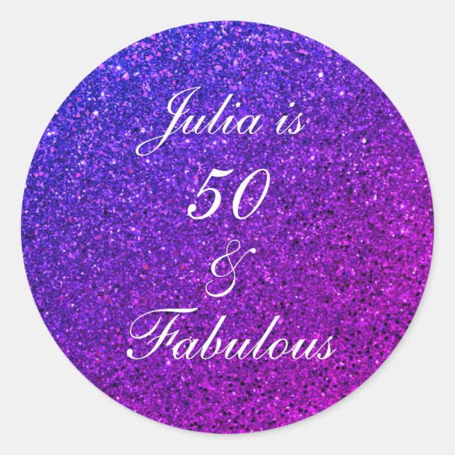 50 And Fabulous Birthday Pink Purple Glitter Ombre Classic Round Sticker (Front)