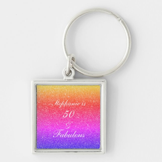 50 And Fabulous Birthday Pink Purple Glitter Ombre Keychain (Front)