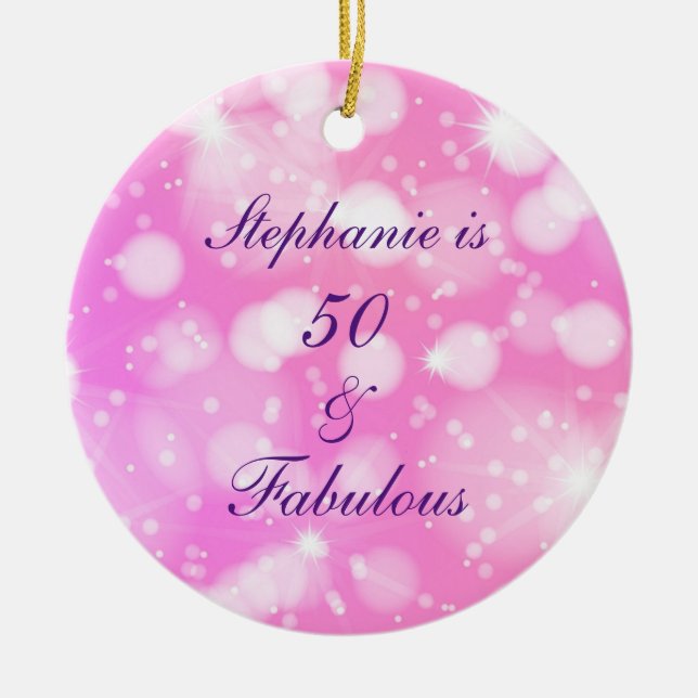 50 And Fabulous Birthday Pink Purple Glittery Ceramic Ornament (Front)