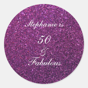 50 And Fabulous Birthday Purple Glitter Ombre Chic Classic Round Sticker