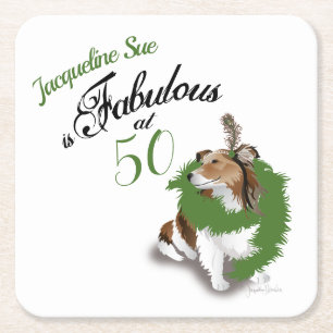50 and Fabulous Birthday Sheltie Dog Green Square Paper Coaster