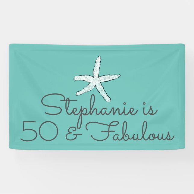 50 And Fabulous Birthday Starfish Beach Teal Blue Banner (Horizontal)