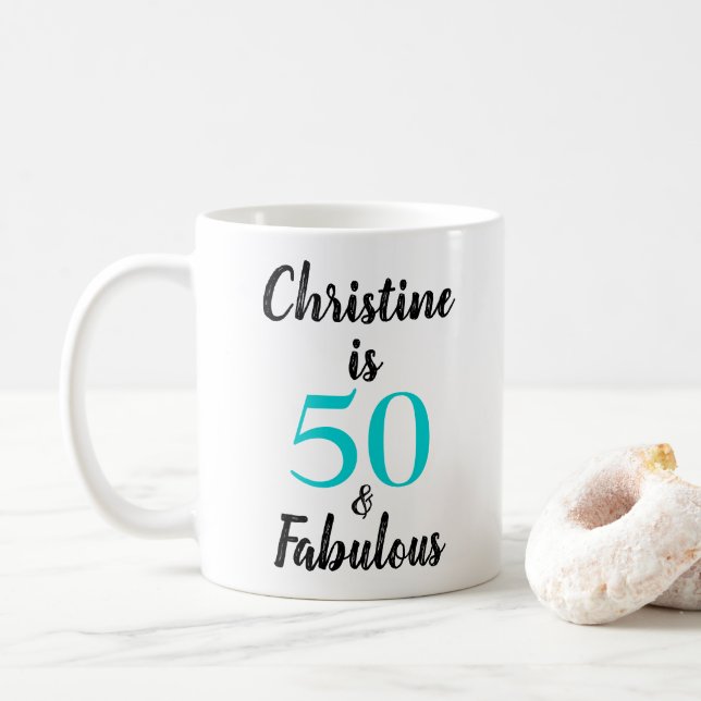 50 and Fabulous Birthday Turquoise Black White Coffee Mug (With Donut)