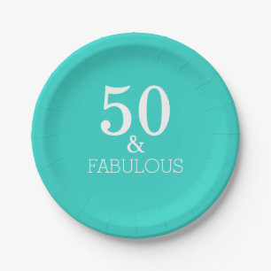 50 And Fabulous Birthday White Turquoise Blue Paper Plate