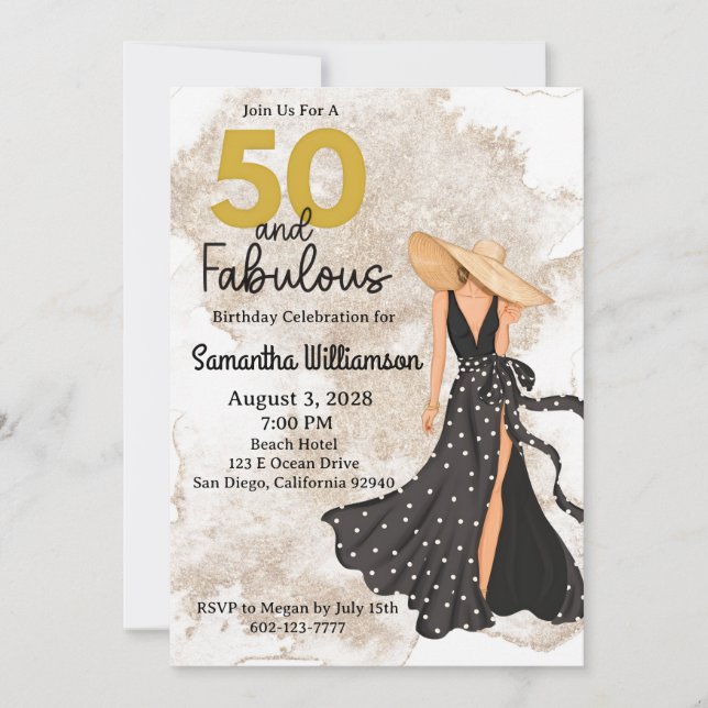 50 and Fabulous Black and Gold Birthday Party Invitation (Front)