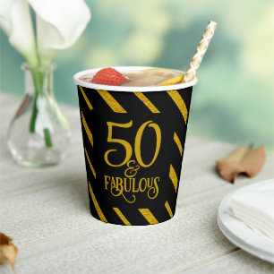 50 and Fabulous black and gold striped Paper Cups