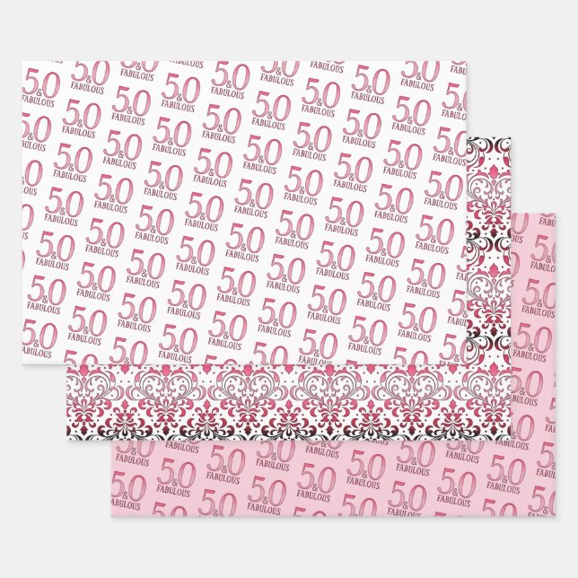 50 and Fabulous Black and Pink 50th Birthday Party Wrapping Paper Sheet (Set)