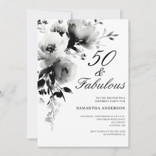 50 and Fabulous Black Floral 50th Birthday  Invitation