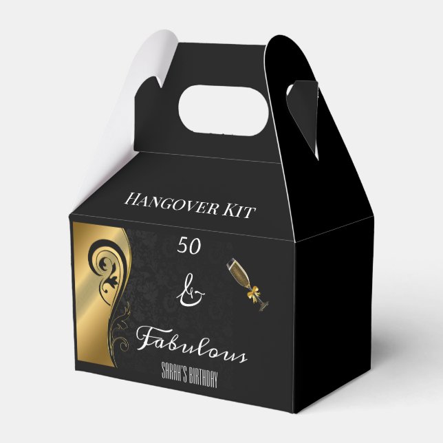 50 and Fabulous Black Gold Birthday Hangover Kit Favor Box (Front Side)