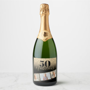 50 and Fabulous Black & Gold Faux Glitter Photo Sparkling Wine Label