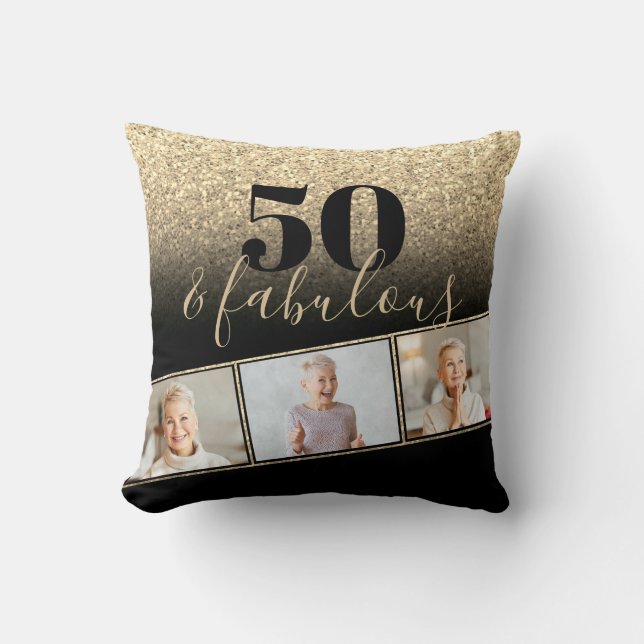 50 and Fabulous Black & Gold Faux Glitter Photo Throw Pillow (Front)
