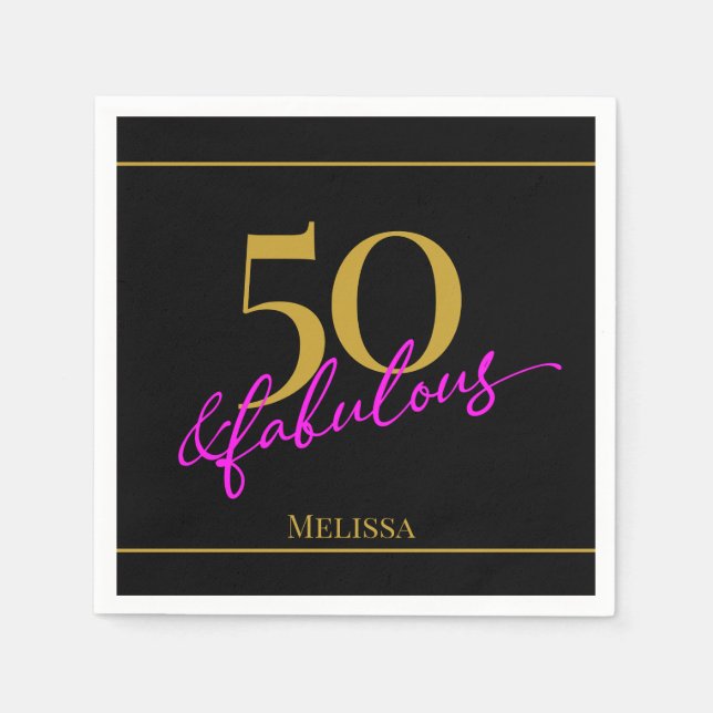 50 and Fabulous Black Gold Pink Customizable Napkin (Front)