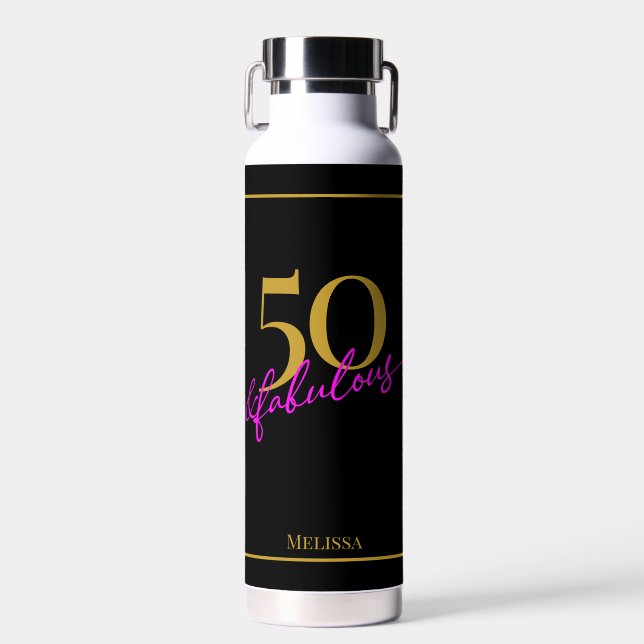50 and Fabulous Black Gold Pink Water Bottle (Front)